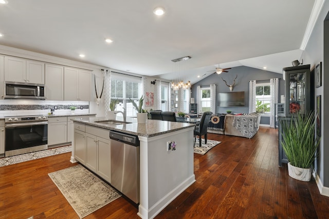 kitchen with appliances with stainless steel finishes, dark wood-type flooring, vaulted ceiling, and an island with sink