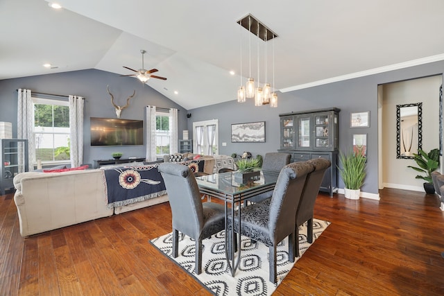 dining room featuring a wealth of natural light, dark wood-type flooring, and vaulted ceiling