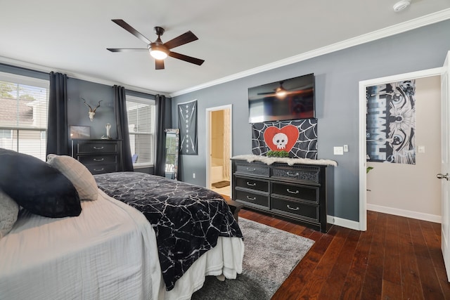 bedroom featuring dark hardwood / wood-style flooring, ornamental molding, connected bathroom, and ceiling fan