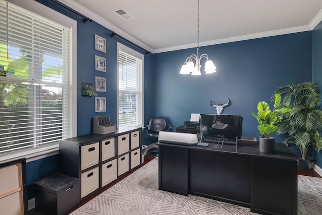 office with a notable chandelier and ornamental molding