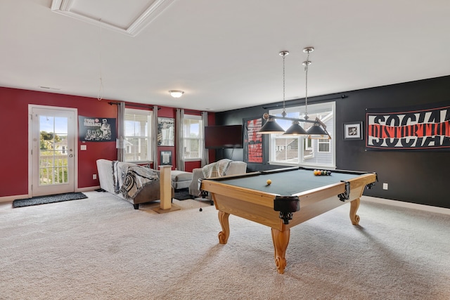 recreation room featuring light colored carpet, billiards, and a wealth of natural light