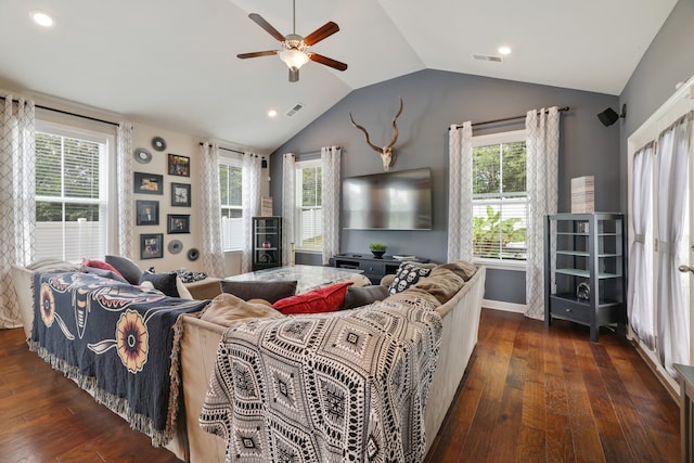 living room featuring lofted ceiling, dark hardwood / wood-style floors, and ceiling fan