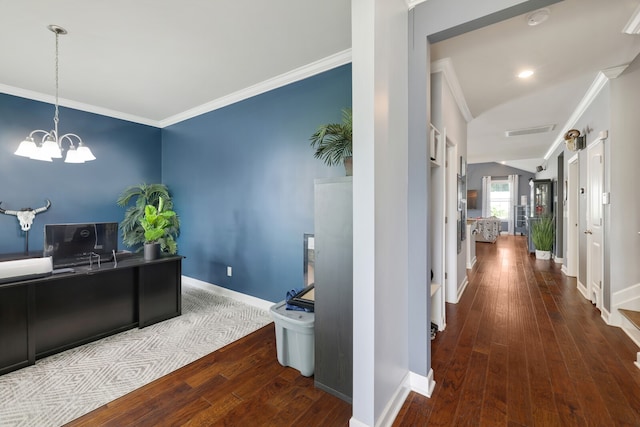 office with crown molding, dark hardwood / wood-style floors, and a chandelier