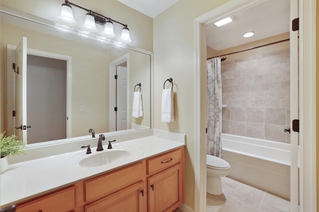 full bathroom featuring toilet, vanity, shower / bath combination with curtain, and tile patterned flooring