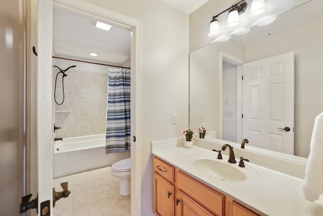 full bathroom featuring toilet, vanity, shower / bath combination with curtain, and tile patterned flooring