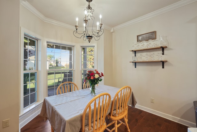 dining area with a notable chandelier, dark wood-type flooring, and crown molding