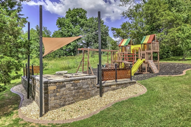 view of play area with a yard