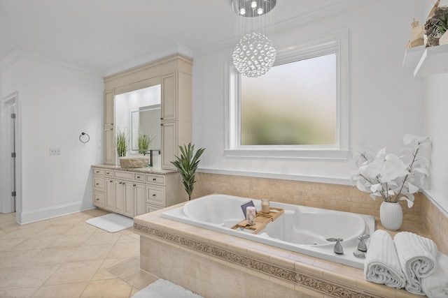 bathroom featuring a relaxing tiled tub, crown molding, vanity, a notable chandelier, and tile patterned flooring