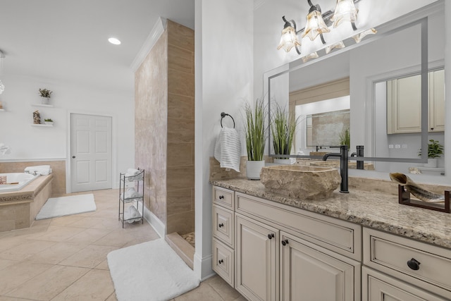 bathroom with vanity, tile patterned floors, and plus walk in shower