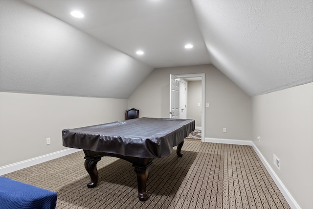 playroom featuring lofted ceiling, pool table, and carpet flooring