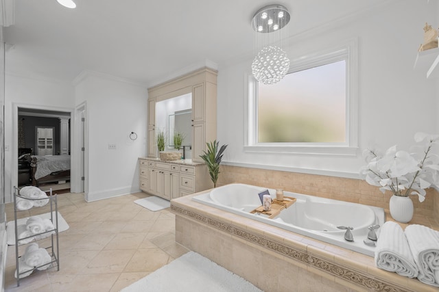 bathroom featuring a relaxing tiled tub, tile patterned flooring, vanity, ornamental molding, and a chandelier