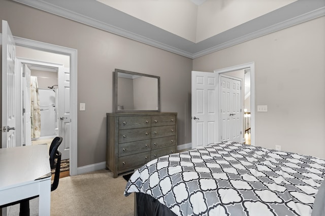 carpeted bedroom featuring a closet and ornamental molding