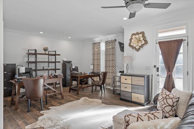 home office with ornamental molding, dark hardwood / wood-style floors, and ceiling fan