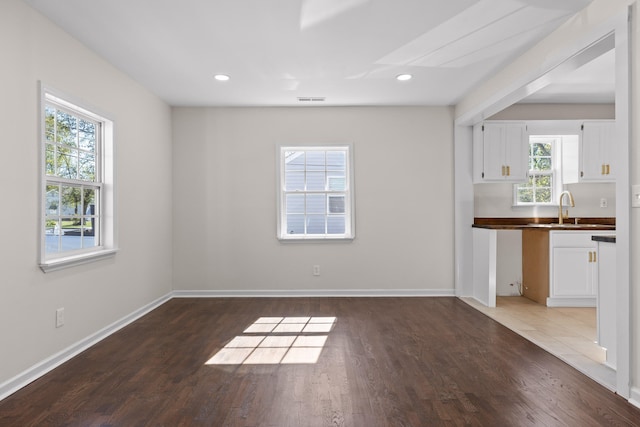 unfurnished dining area with dark hardwood / wood-style floors, a healthy amount of sunlight, and sink