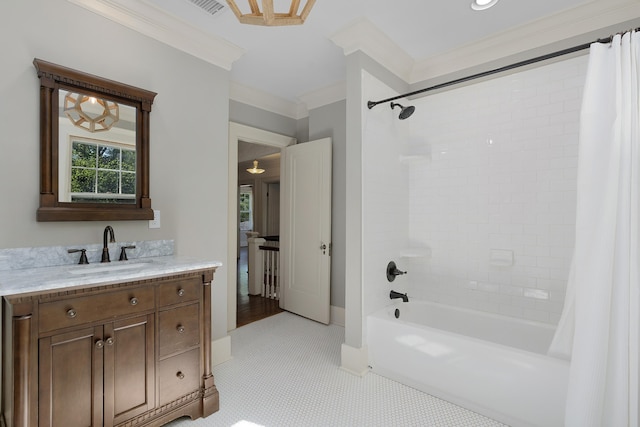 bathroom with vanity, ornamental molding, shower / bath combination with curtain, and tile patterned floors