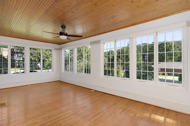 unfurnished sunroom with wooden ceiling and ceiling fan