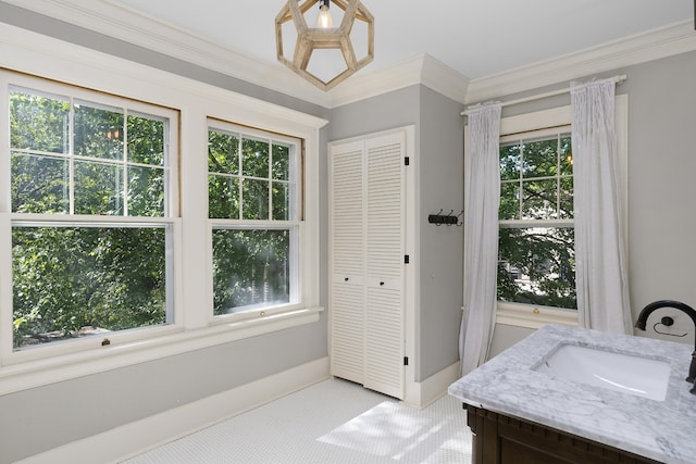 bathroom featuring vanity, crown molding, and plenty of natural light