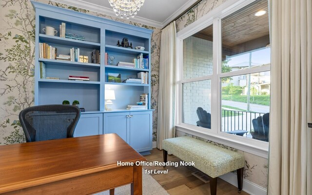 1871 Notting Hl, Chattanooga, TN 37405 - office with a chandelier, wallpapered walls, wood finished floors, and ornamental molding