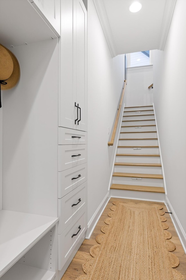1871 Notting Hl, Chattanooga, TN 37405 - staircase featuring baseboards, wood finished floors, and ornamental molding