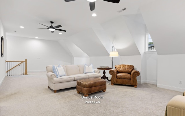 1871 Notting Hl, Chattanooga, TN 37405 - living area featuring lofted ceiling, a ceiling fan, visible vents, and carpet