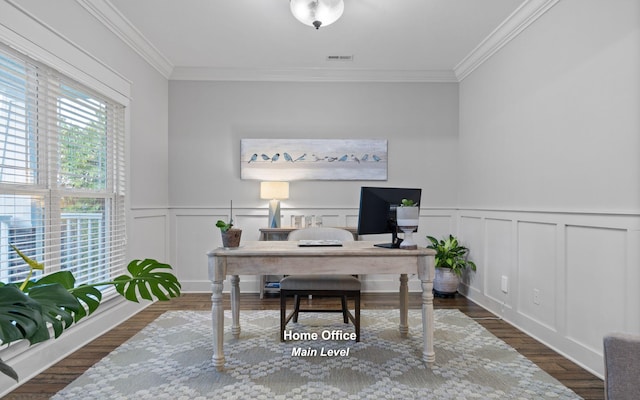 office featuring crown molding and dark wood-type flooring