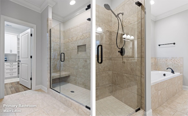 bathroom with crown molding, independent shower and bath, and wood-type flooring