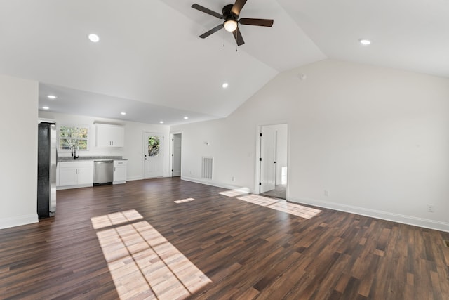 unfurnished living room with ceiling fan, high vaulted ceiling, sink, and dark hardwood / wood-style floors