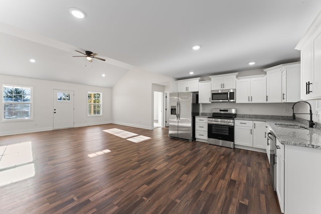 kitchen with white cabinets, dark hardwood / wood-style flooring, vaulted ceiling, sink, and stainless steel appliances