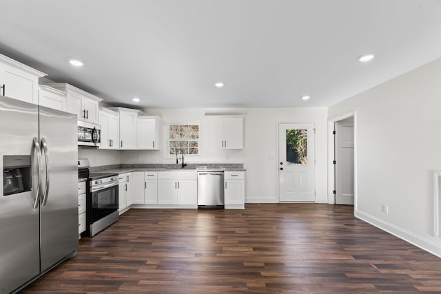 kitchen with white cabinets, stainless steel appliances, sink, and dark hardwood / wood-style flooring