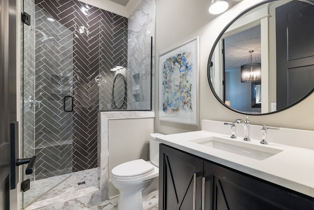 bathroom with toilet, an enclosed shower, a chandelier, and vanity