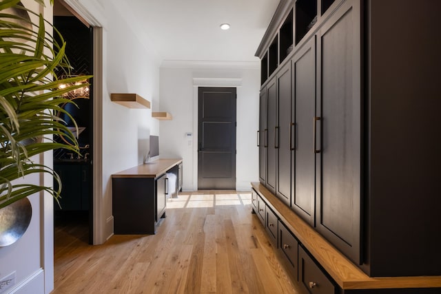 mudroom featuring ornamental molding and light hardwood / wood-style flooring