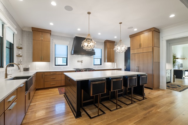 kitchen featuring a kitchen breakfast bar, custom range hood, light wood-type flooring, and a large island