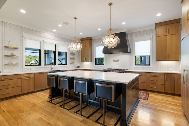 kitchen featuring light hardwood / wood-style floors, custom range hood, a kitchen bar, and a kitchen island