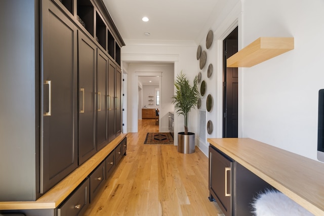 mudroom featuring light hardwood / wood-style floors and crown molding