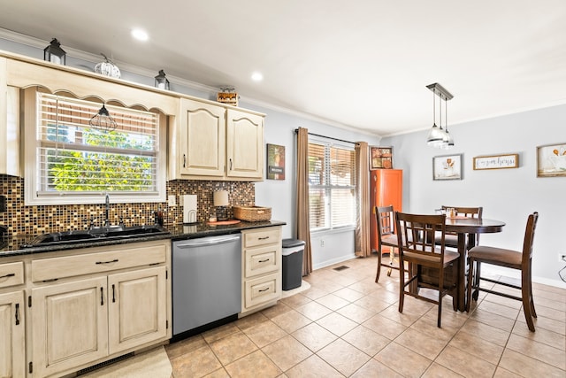 kitchen with crown molding, decorative backsplash, dishwasher, and decorative light fixtures