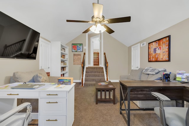 office featuring lofted ceiling, carpet flooring, and ceiling fan