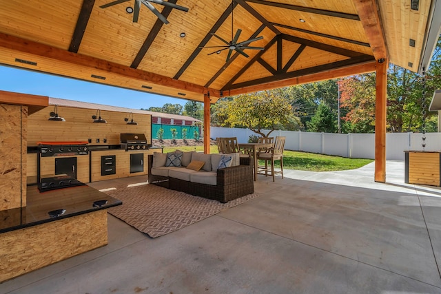 view of patio with a gazebo, an outdoor living space, a grill, and ceiling fan