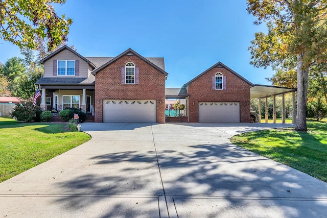 view of front of home with a carport, a front lawn, and a garage