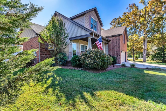 view of property exterior featuring a lawn and a garage