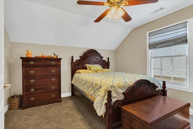 carpeted bedroom with lofted ceiling and ceiling fan