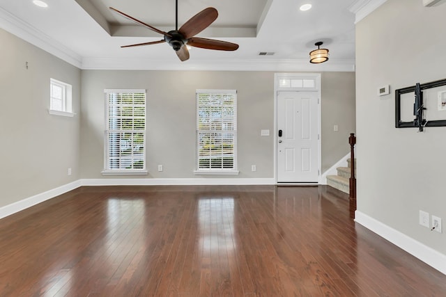 foyer with crown molding, a raised ceiling, dark hardwood / wood-style flooring, and ceiling fan