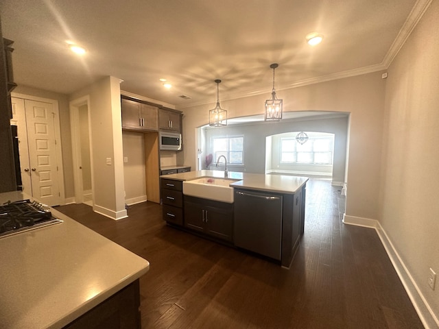 kitchen with sink, hanging light fixtures, stainless steel appliances, crown molding, and an island with sink