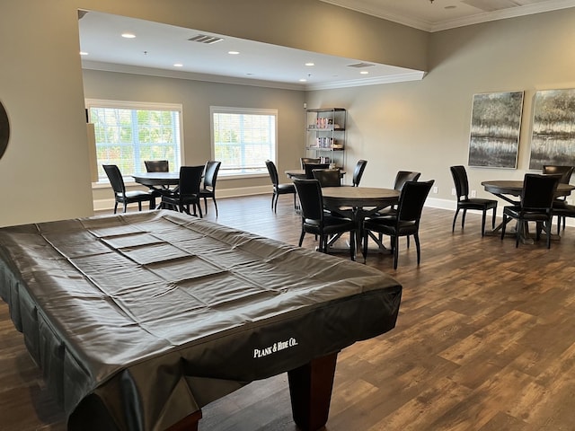 game room featuring crown molding, dark wood-type flooring, and pool table