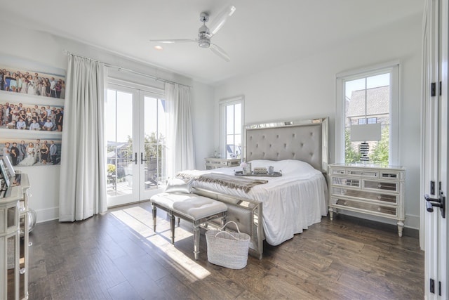 bedroom with french doors, dark wood-type flooring, access to exterior, and ceiling fan