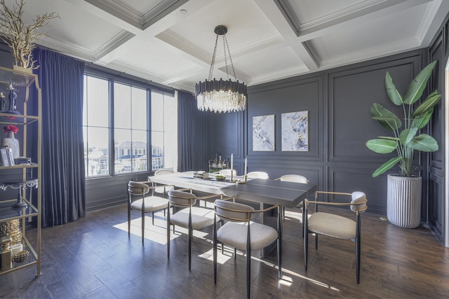 dining area with beam ceiling, dark hardwood / wood-style flooring, coffered ceiling, crown molding, and a chandelier