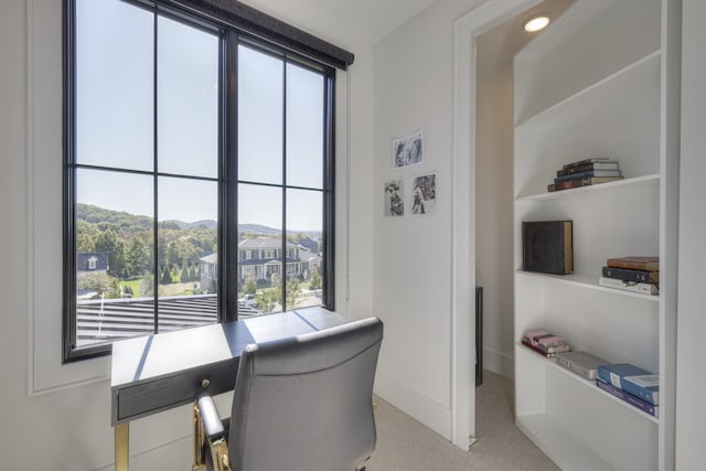 office space with a mountain view and light colored carpet