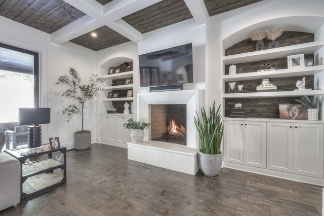 living room featuring beam ceiling, wooden ceiling, dark hardwood / wood-style floors, and built in shelves