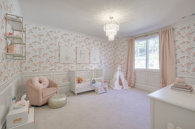 bedroom featuring a notable chandelier, ornamental molding, and light colored carpet