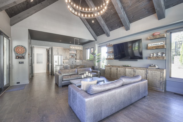 living room featuring dark hardwood / wood-style floors, beam ceiling, and wooden ceiling