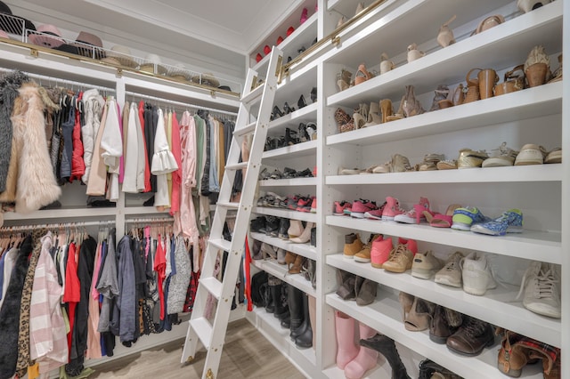 walk in closet with light hardwood / wood-style floors